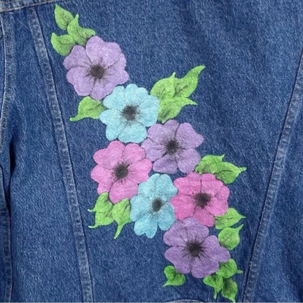 Y2K Vintage  Denim Trucker Jacket S Blue Hand Painted USA - Picture 3 of 10